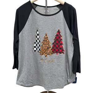 Holiday Time Colorful Christmas Top Christmas Tree Tee Gray Black Festive NEW XL
